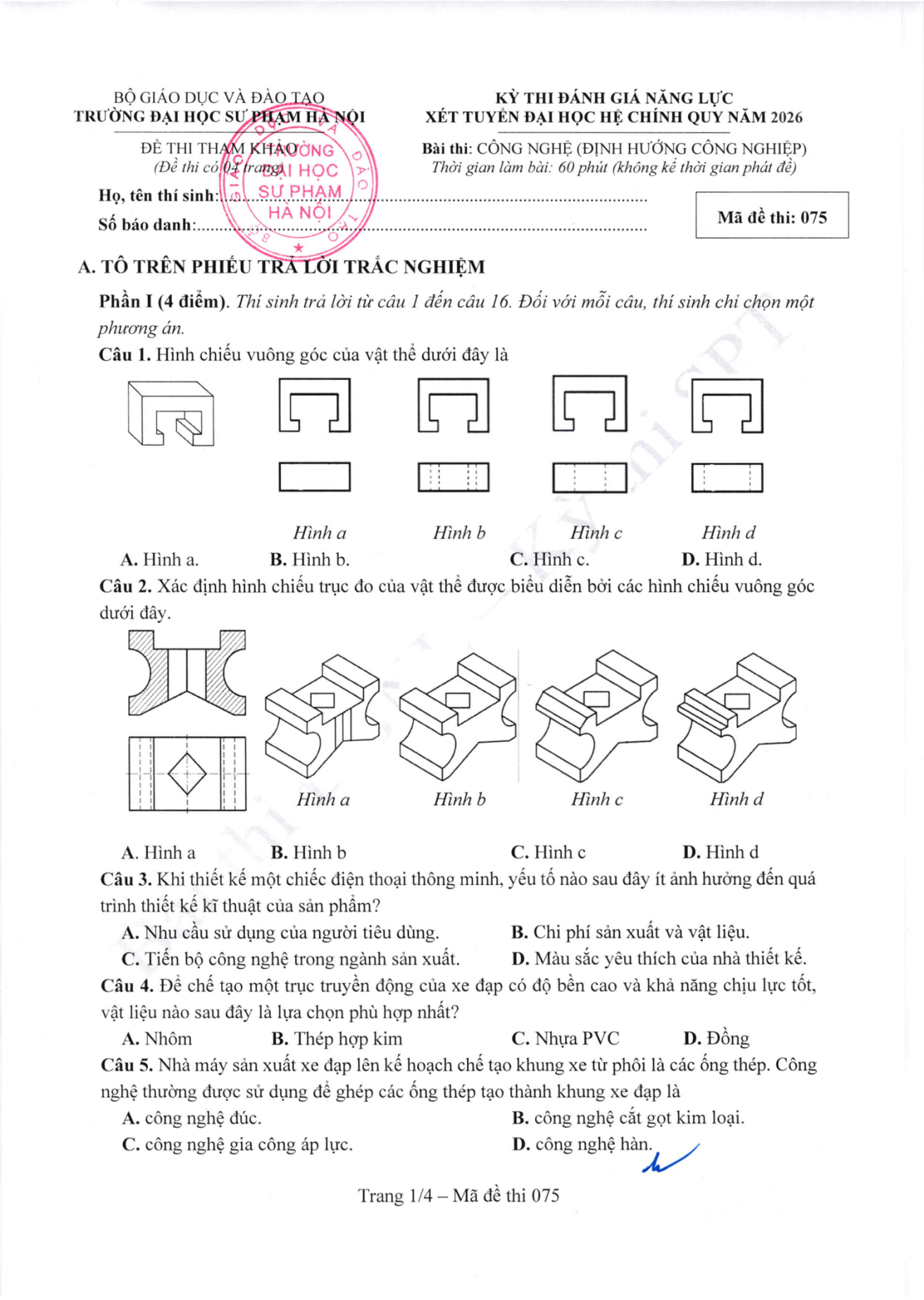 Đề thi tham khảo Công nghệ (định hướng Công nghiệp) ĐGNL ĐHSPHN năm 2026