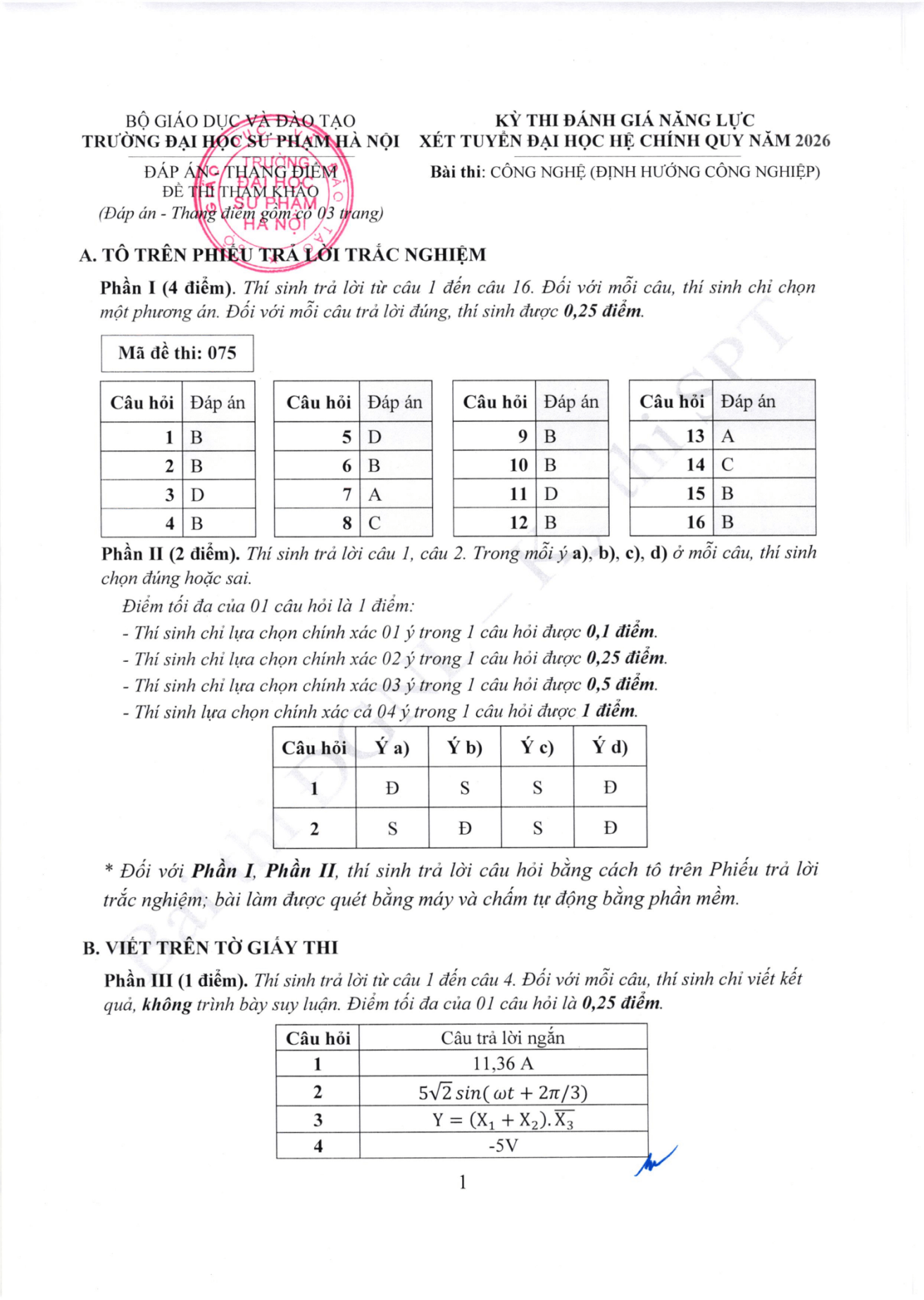 Đề thi tham khảo Công nghệ (định hướng Công nghiệp) ĐGNL ĐHSPHN năm 2026