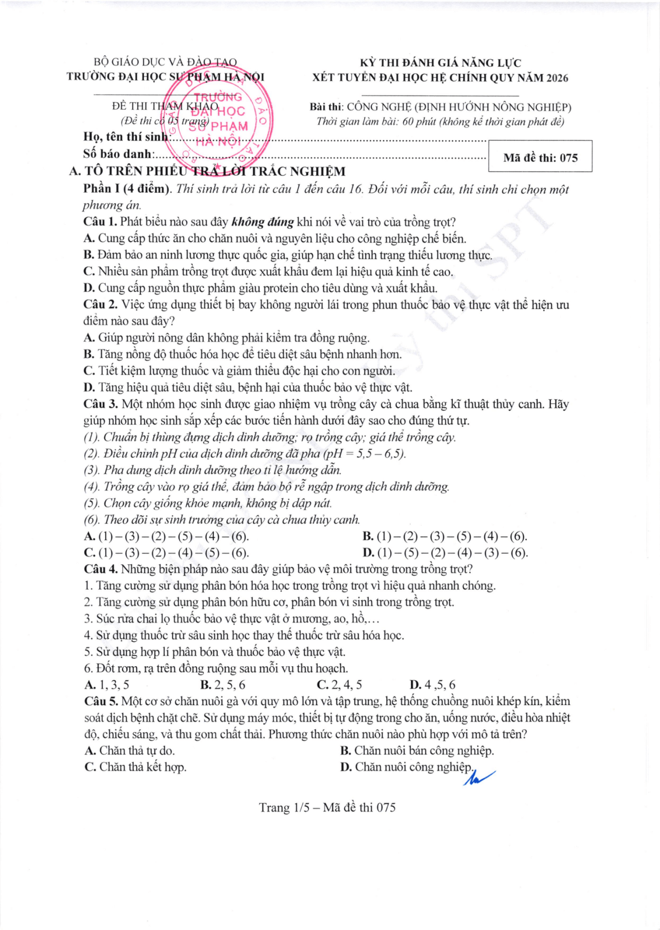 Đề thi tham khảo Công nghệ (định hướng Nông nghiệp) ĐGNL ĐHSPHN năm 2026