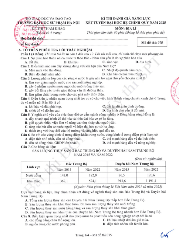 Đề thi tham khảo Địa Lí ĐGNL ĐHSPHN năm 2025