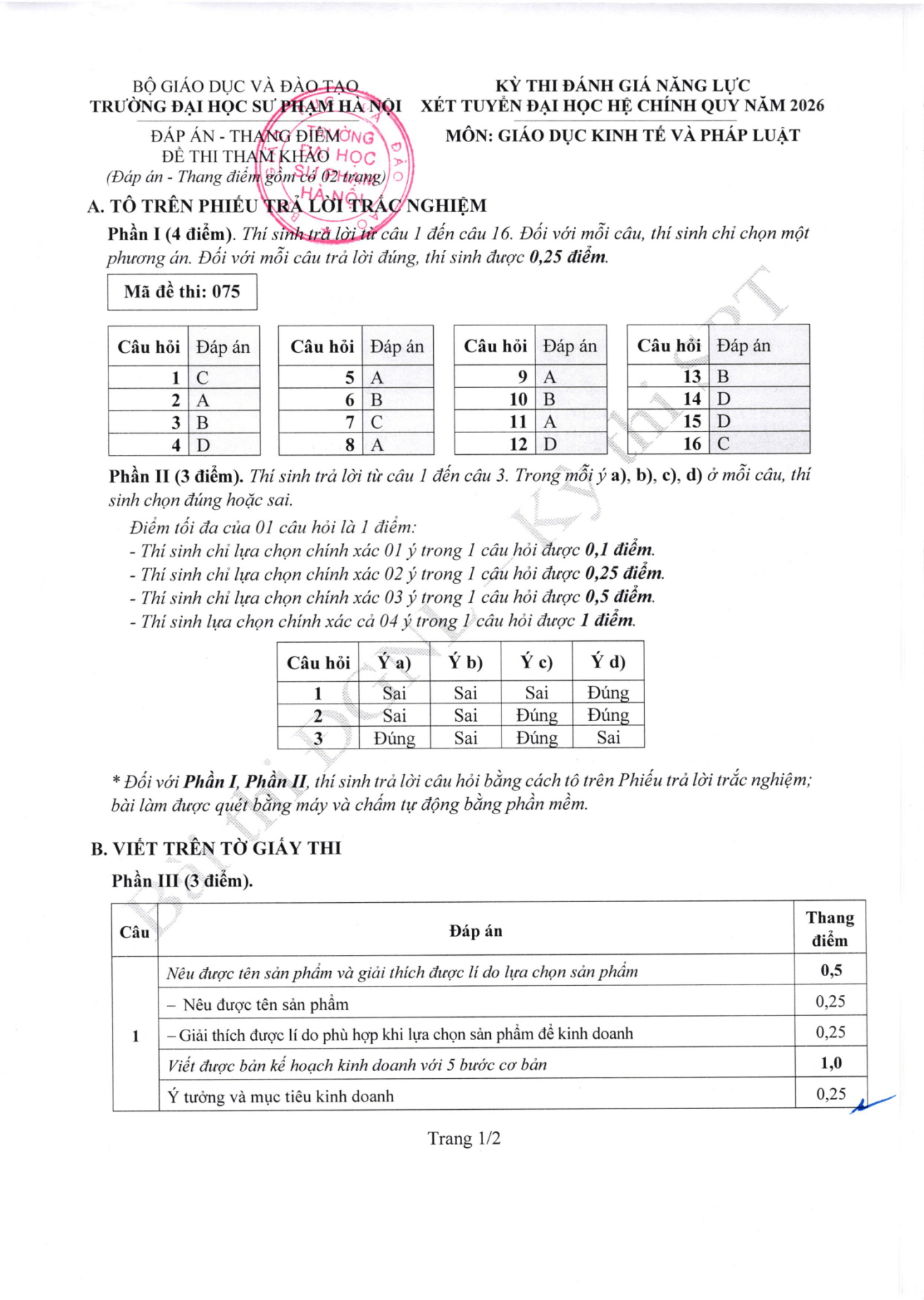 Đề thi tham khảo Giáo dục Kinh tế và pháp luật ĐGNL ĐHSPHN năm 2026