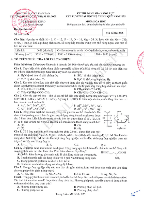 Đề thi tham khảo Hóa học ĐGNL ĐHSPHN năm 2025