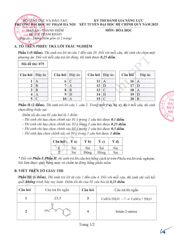 Đề thi tham khảo Hóa học ĐGNL ĐHSPHN năm 2025