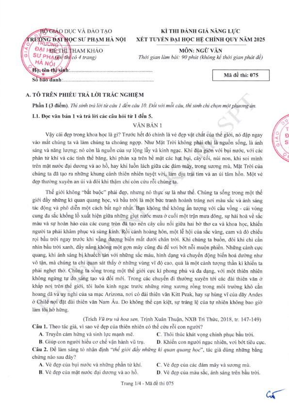 Đề thi tham khảo Ngữ Văn ĐGNL ĐHSPHN năm 2025