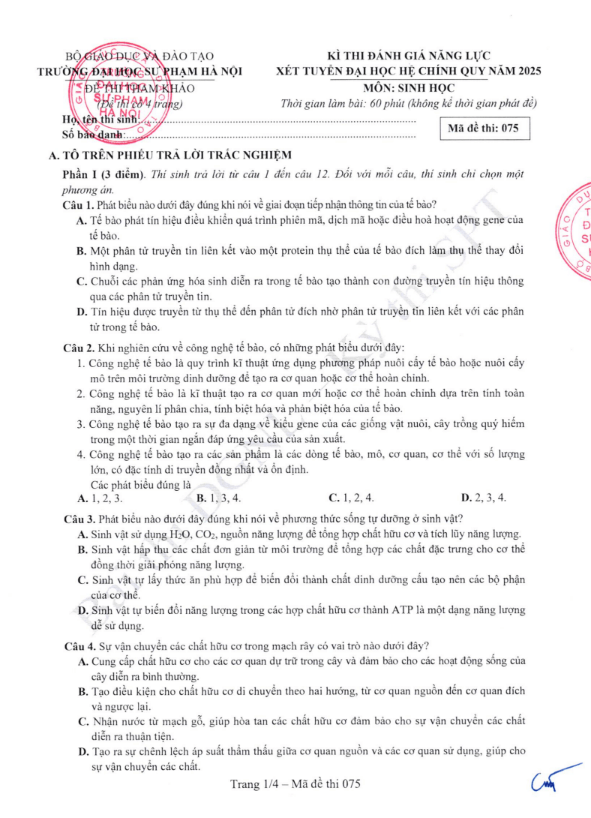 Đề thi tham khảo Sinh học ĐGNL ĐHSPHN năm 2025
