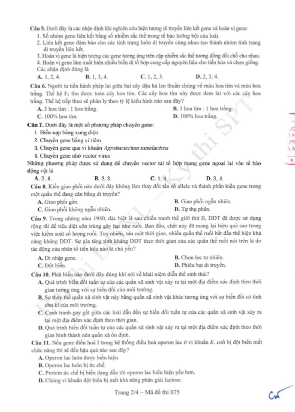 Đề thi tham khảo Sinh học ĐGNL ĐHSPHN năm 2025