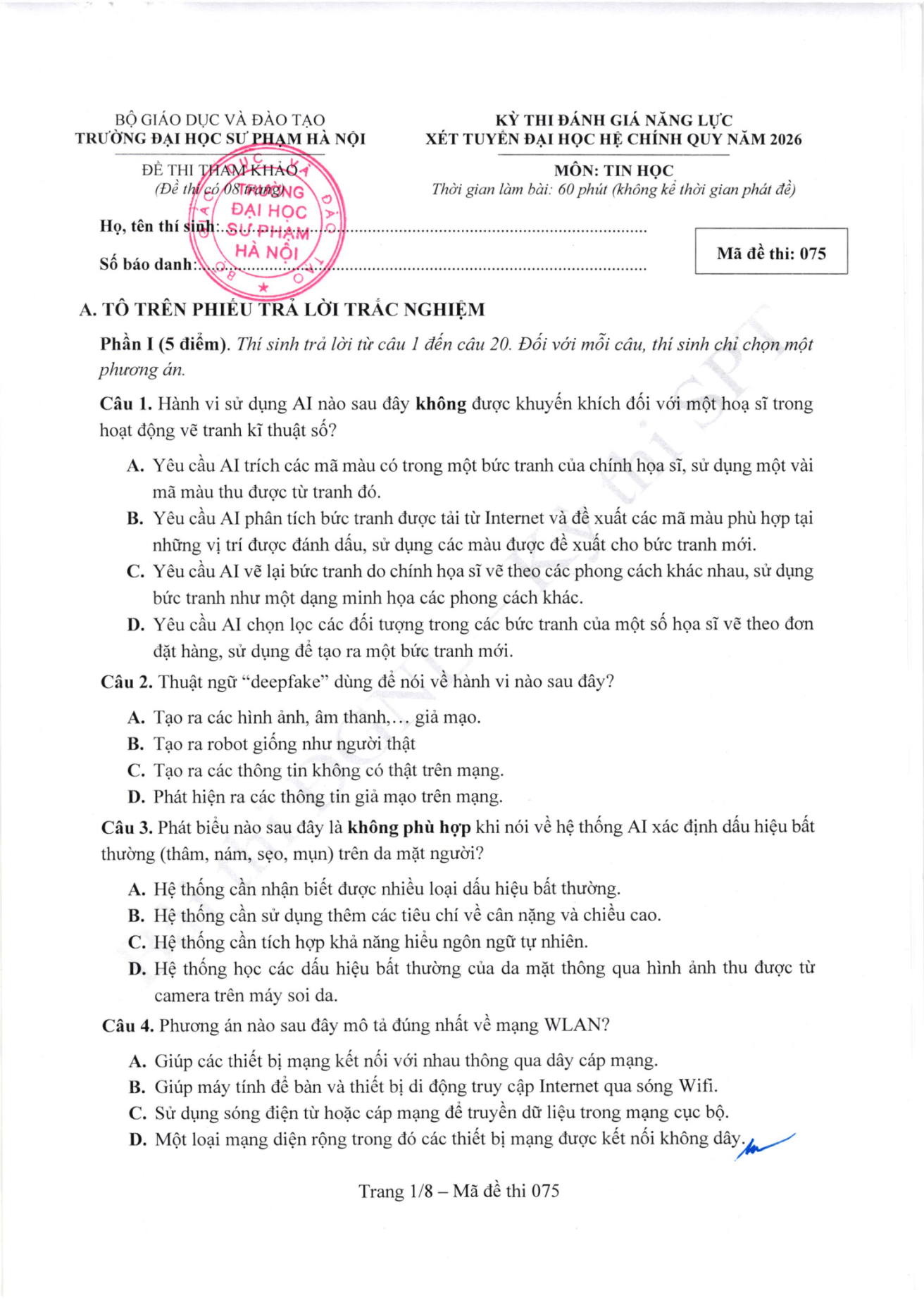 Đề thi tham khảo Tin học ĐGNL ĐHSPHN năm 2026