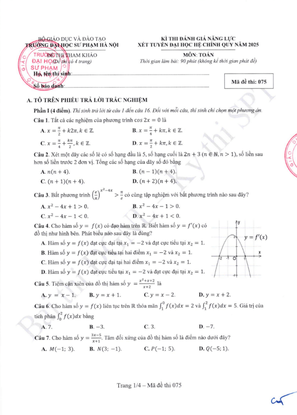 Đề thi tham khảo Toán ĐGNL ĐHSPHN năm 2025