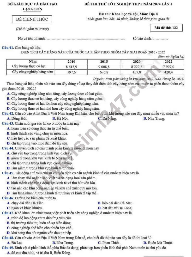 Đề thi thử 2024 Địa Lí Sở GD Lạng Sơn