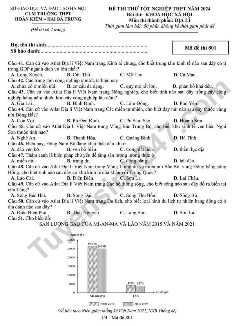 Đề thi thử 2024 Địa Lí trường THPT Hoàn Kiếm - Hai Bà Trưng