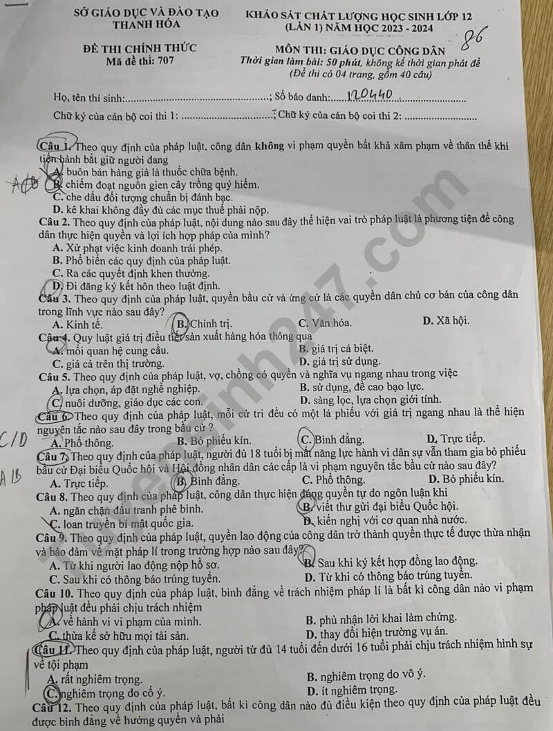 Đề thi thử 2024 GDCD Sở GD Thanh Hóa