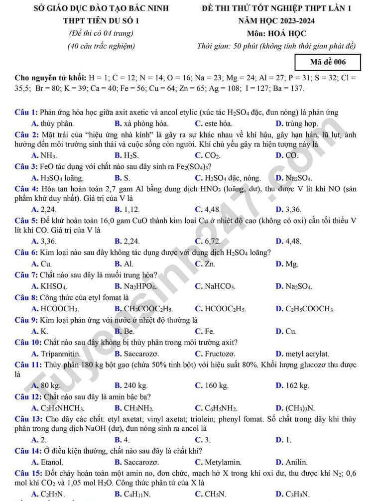 Đề thi thử 2024 Hóa trường THPT Tiên Du