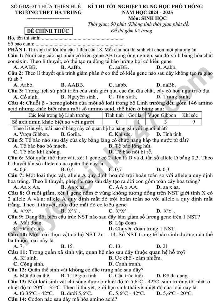 Đề thi thử 2024 Sinh trường THPT Hà Trung