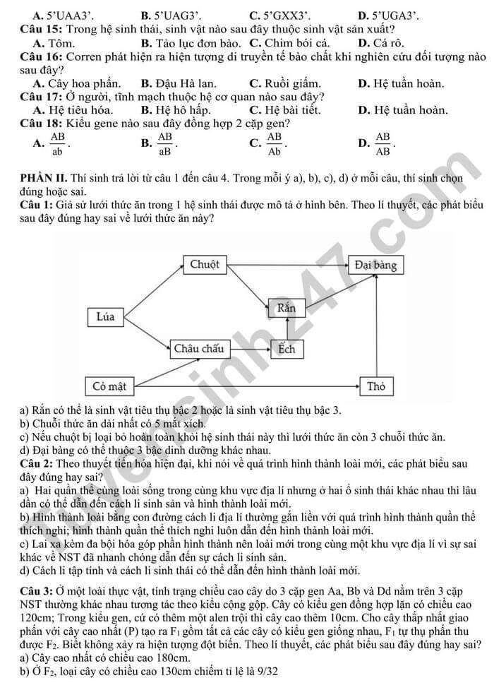 Đề thi thử 2024 Sinh trường THPT Hà Trung