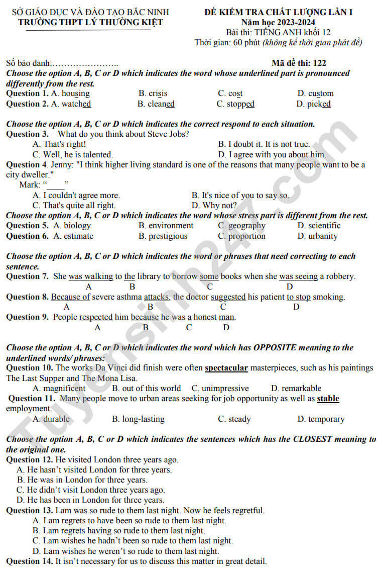 Đề thi thử 2024 Tiếng Anh trường THPT Lý Thường Kiệt