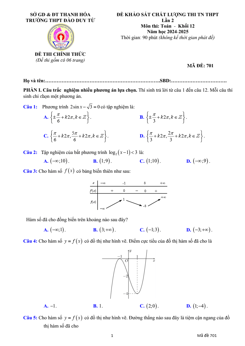 Đề thi thử 2024 Toán trường THPT Đào Duy Từ