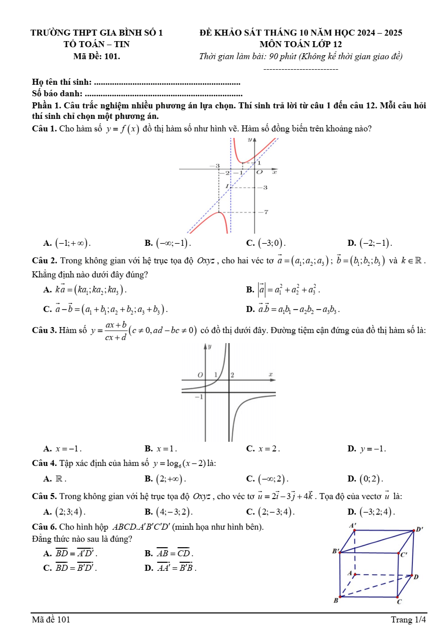 Đề thi thử 2024 Toán trường THPT Gia Bình 1
