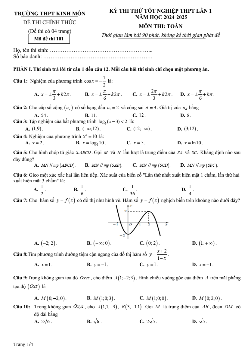 Đề thi thử 2024 Toán trường THPT Kinh Môn