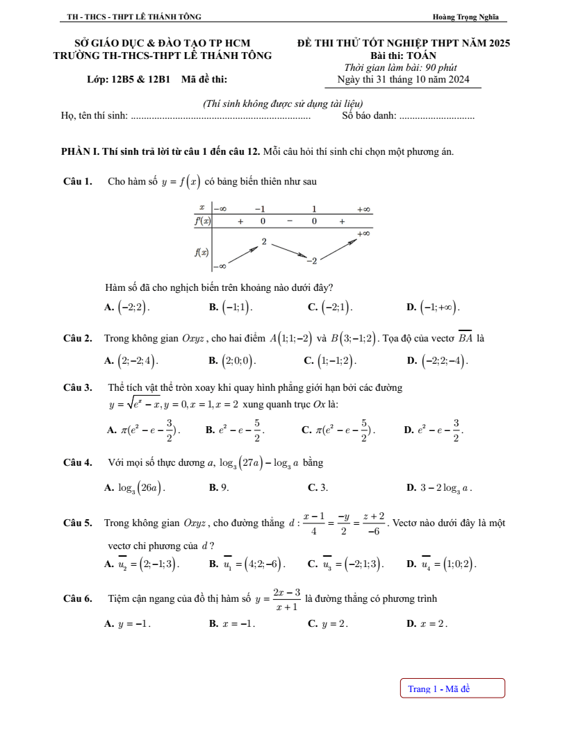 Đề thi thử 2024 Toán trường THPT Lê Thánh Tông – TP HCM