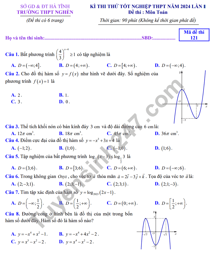 Đề thi thử 2024 Toán trường THPT Nghèn