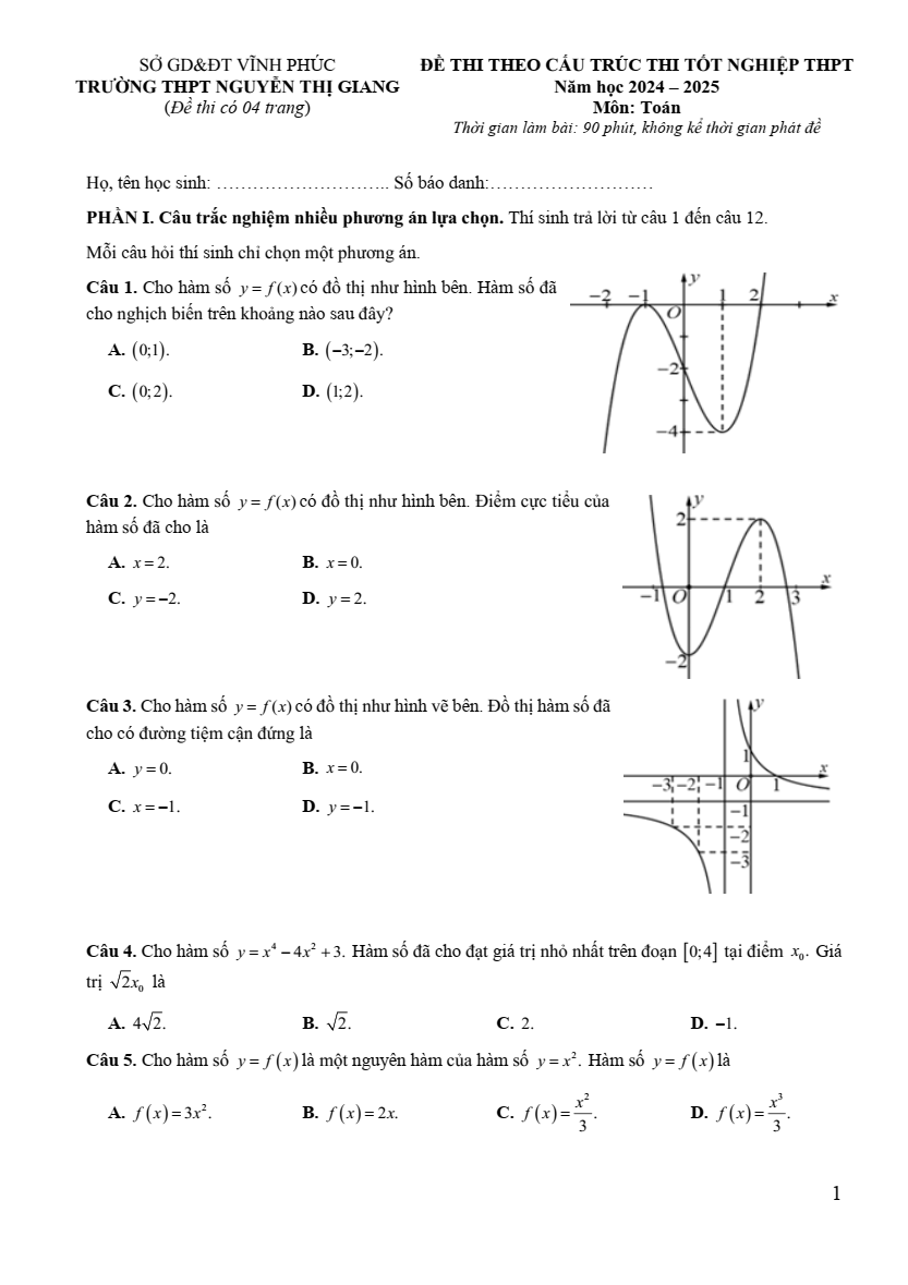 Đề thi thử 2024 Toán trường THPT Nguyễn Thị Giang