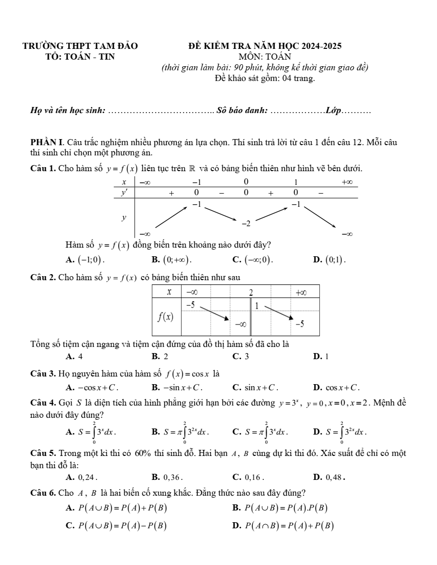Đề thi thử 2024 Toán trường THPT Tam Đảo
