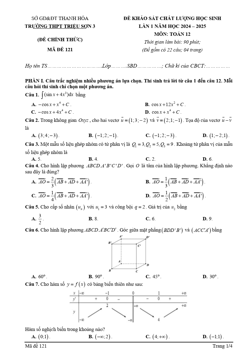 Đề thi thử 2024 Toán trường THPT Triệu Sơn 3
