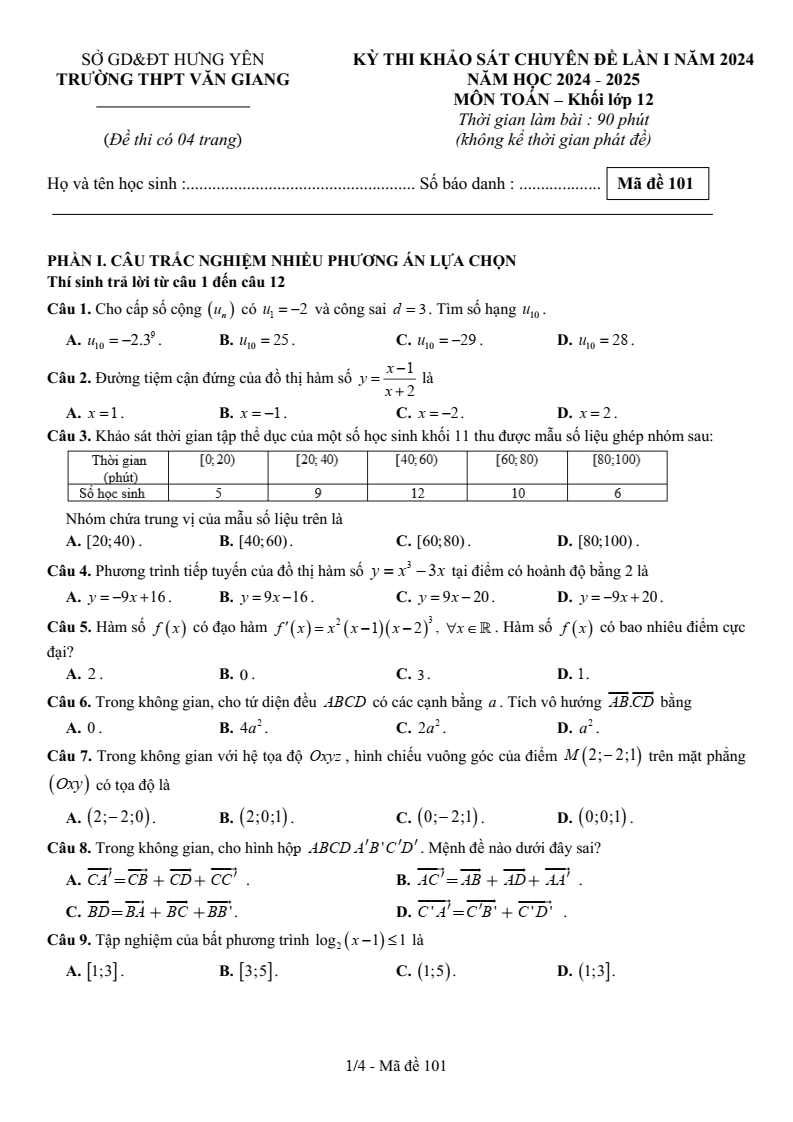 Đề thi thử 2024 Toán trường THPT Văn Giang