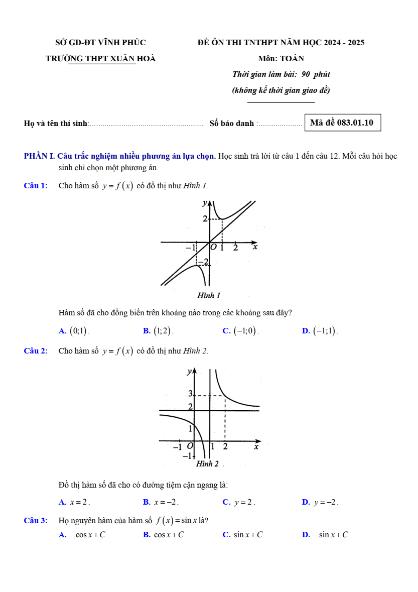 Đề thi thử 2024 Toán trường THPT Xuân Hòa