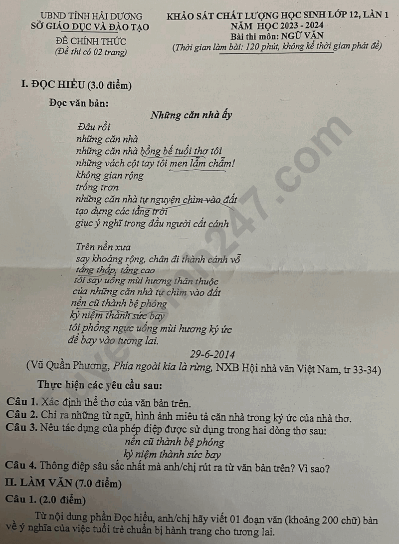 Đề thi thử 2024 Văn Sở GD Hải Dương