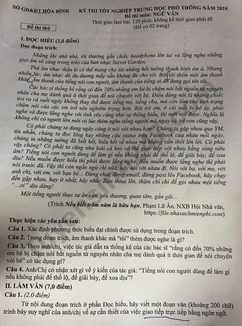 Đề thi thử 2024 Văn Sở GD Hòa Bình