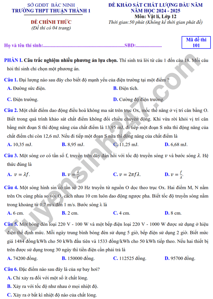 Đề thi thử 2024 Vật Lí trường THPT Thuận Thành 1
