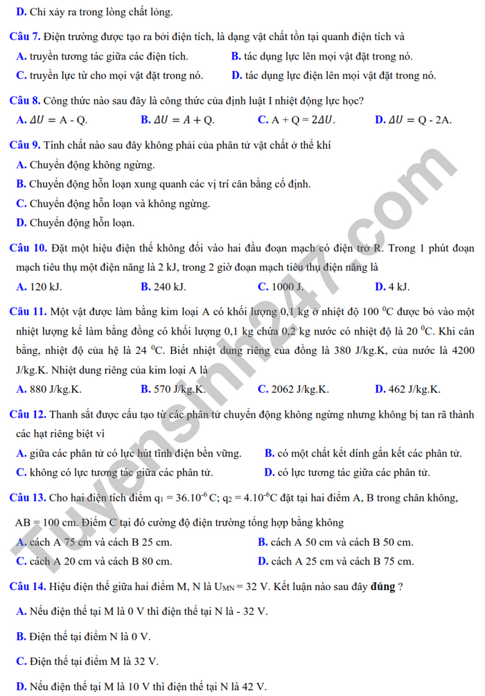 Đề thi thử 2024 Vật Lí trường THPT Thuận Thành 1