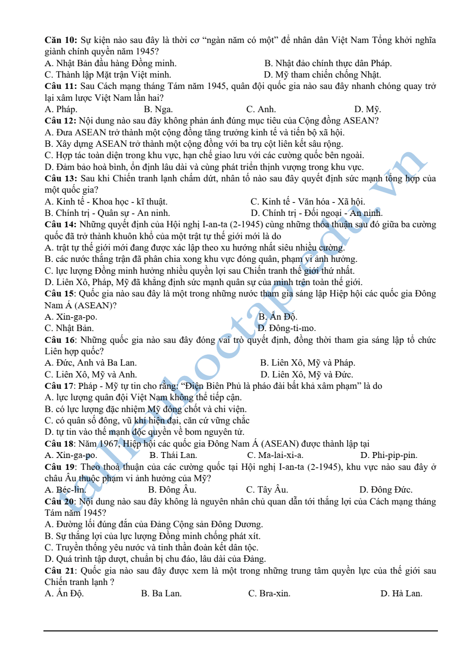 Đề thi thử Tốt nghiệp Lịch Sử 2025 sở GD&ĐT Tây Ninh