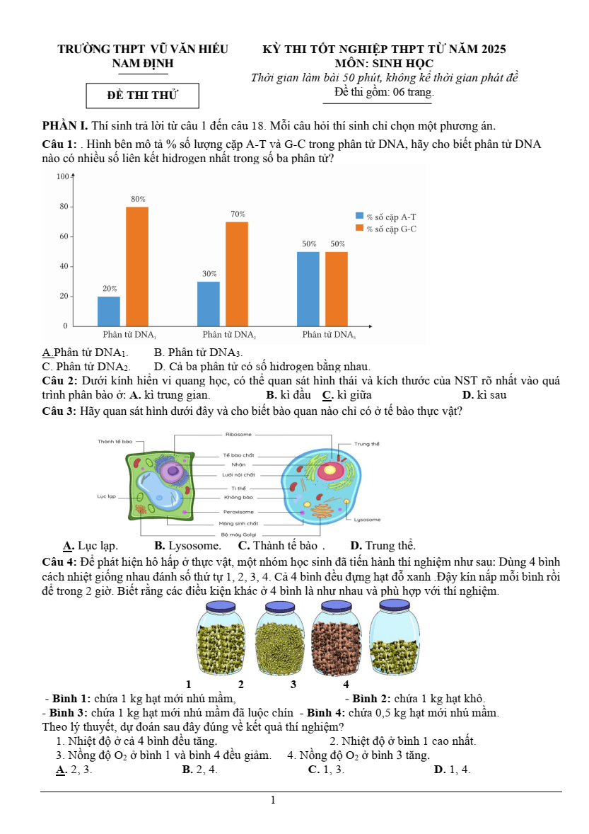 Đề thi thử Tốt nghiệp Sinh học 2025 trường THPT Vũ Văn Hiếu (Nam Định)