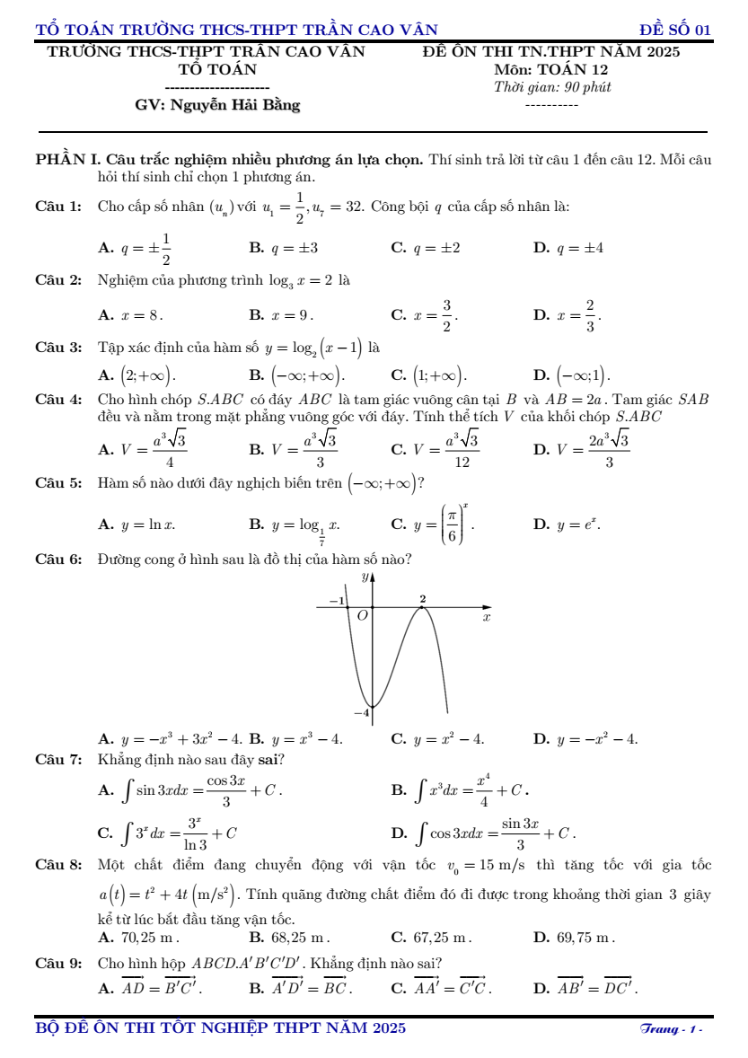 Đề thi thử 2025 Toán trường THCS-THPT Trần Cao Vân (TP.HCM)