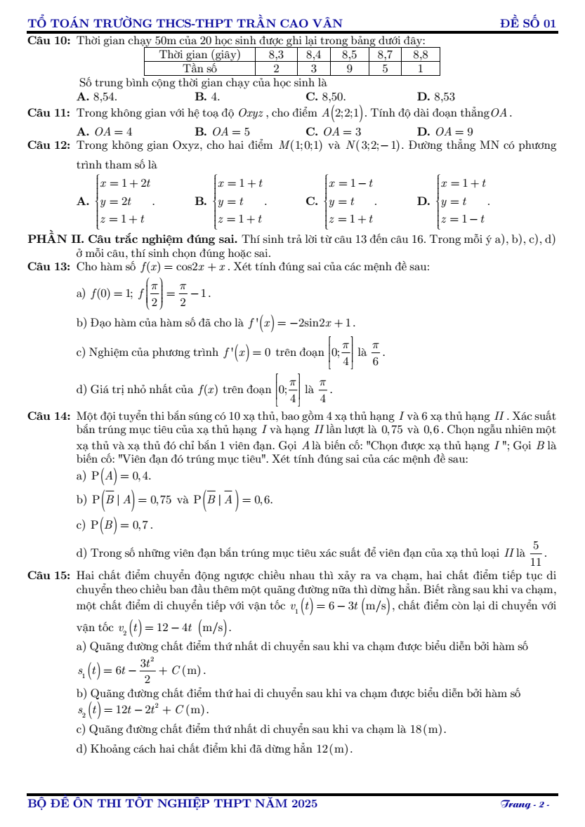 Đề thi thử 2025 Toán trường THCS-THPT Trần Cao Vân (TP.HCM)