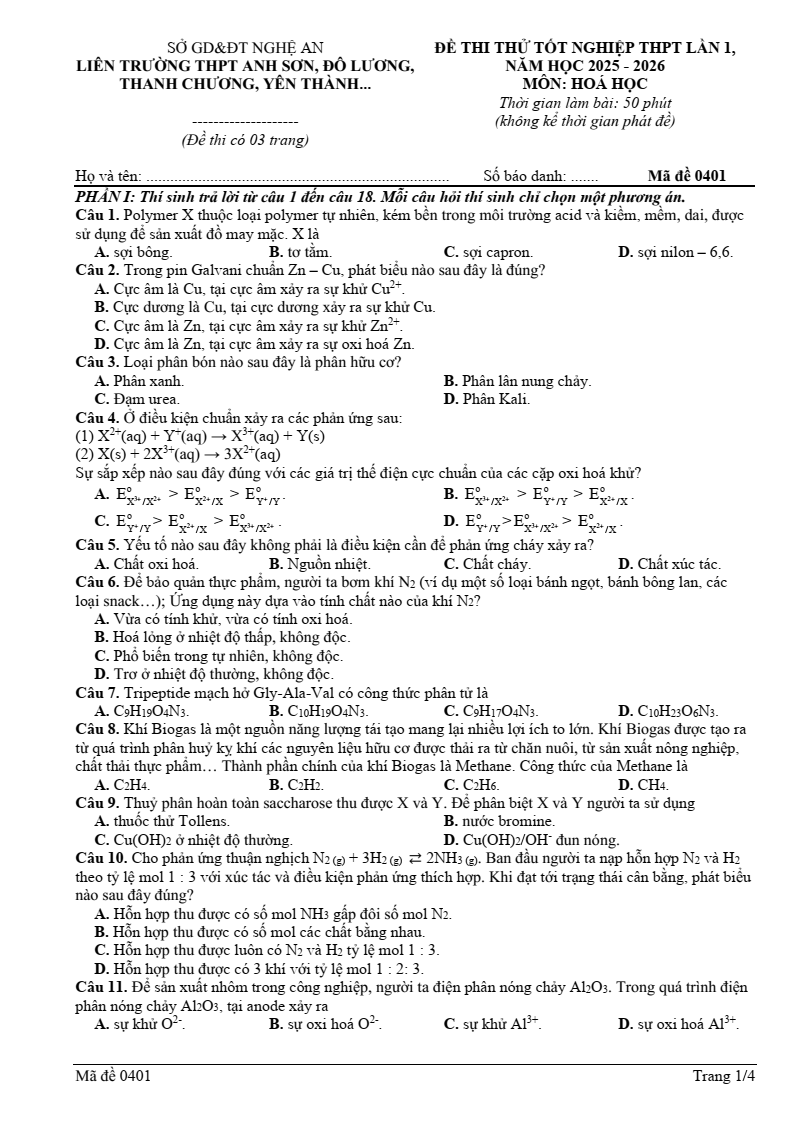Đề thi thử Hóa Tốt nghiệp THPT 2025-2026 Liên Trường THPT Anh Sơn, Đô Lương, Thanh Chương, Yên Thành (Nghệ An)