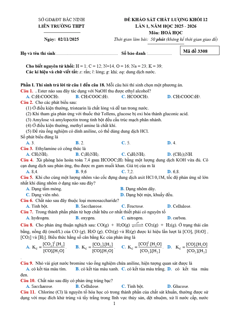 Đề thi thử Hóa Tốt nghiệp THPT 2025-2026 Liên trường THPT – Bắc Ninh