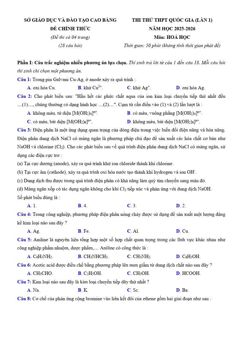 Đề thi thử Hóa Tốt nghiệp THPT 2025-2026 Sở GD&ĐT Cao Bằng