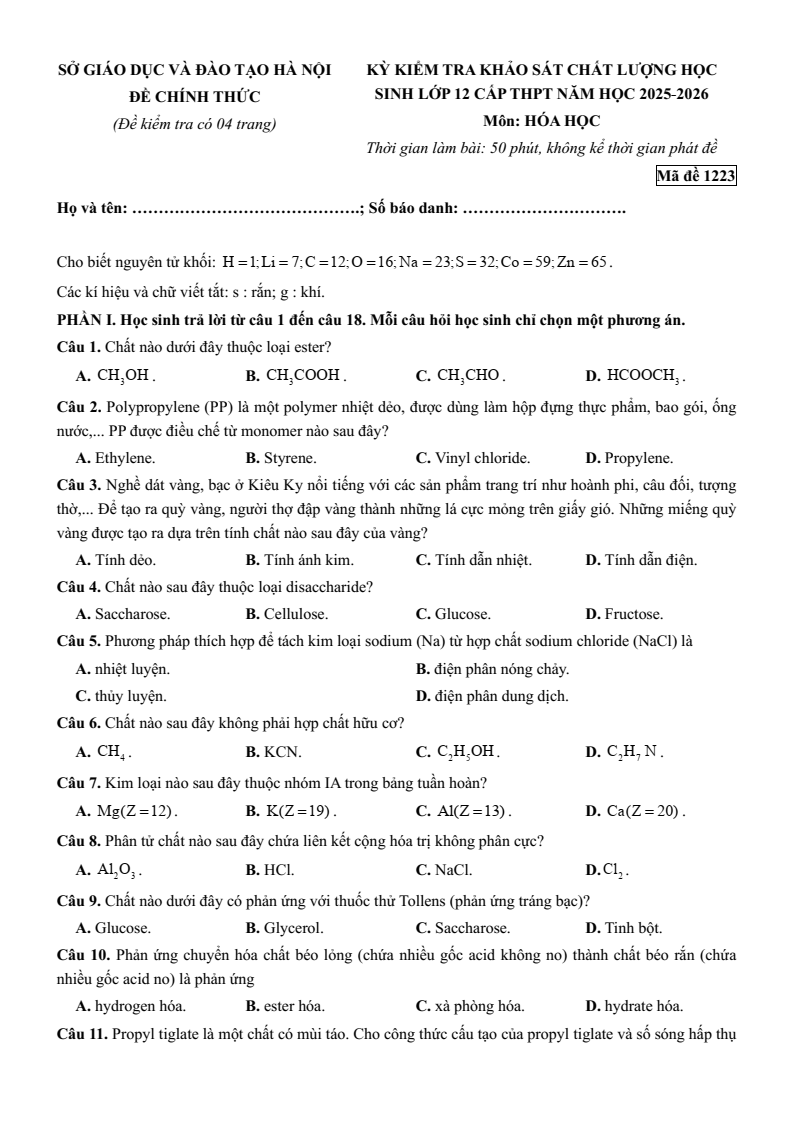 Đề thi thử Hóa Tốt nghiệp THPT 2025-2026 Sở GD&ĐT Hà Nội
