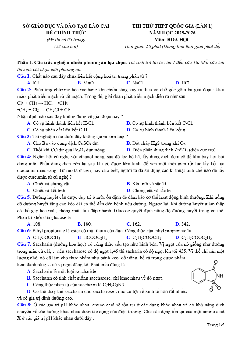Đề thi thử Hóa Tốt nghiệp THPT 2025-2026 Sở GD&ĐT Lào Cai