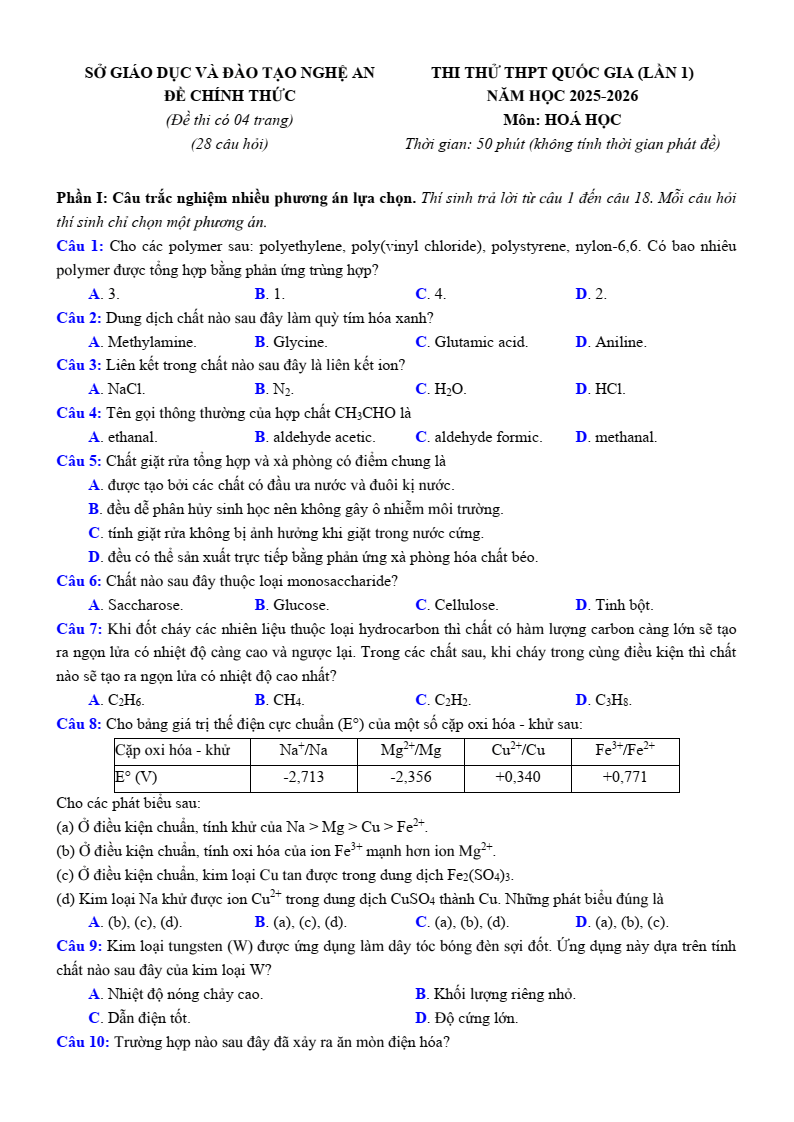 Đề thi thử Hóa Tốt nghiệp THPT 2025-2026 Sở GD&ĐT Nghệ An