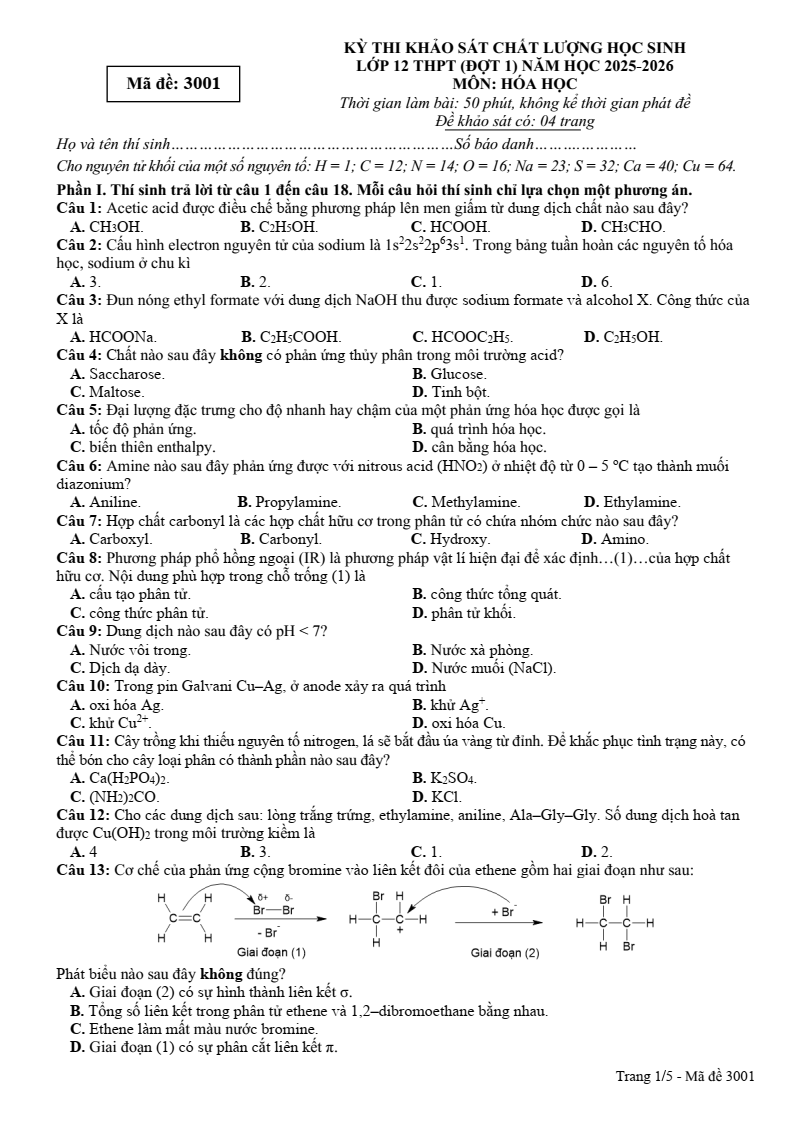 Đề thi thử Hóa Tốt nghiệp THPT 2025-2026 Sở GD&ĐT Phú Thọ
