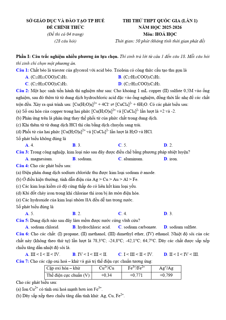 Đề thi thử Hóa Tốt nghiệp THPT 2025-2026 Sở GD&ĐT TP Huế