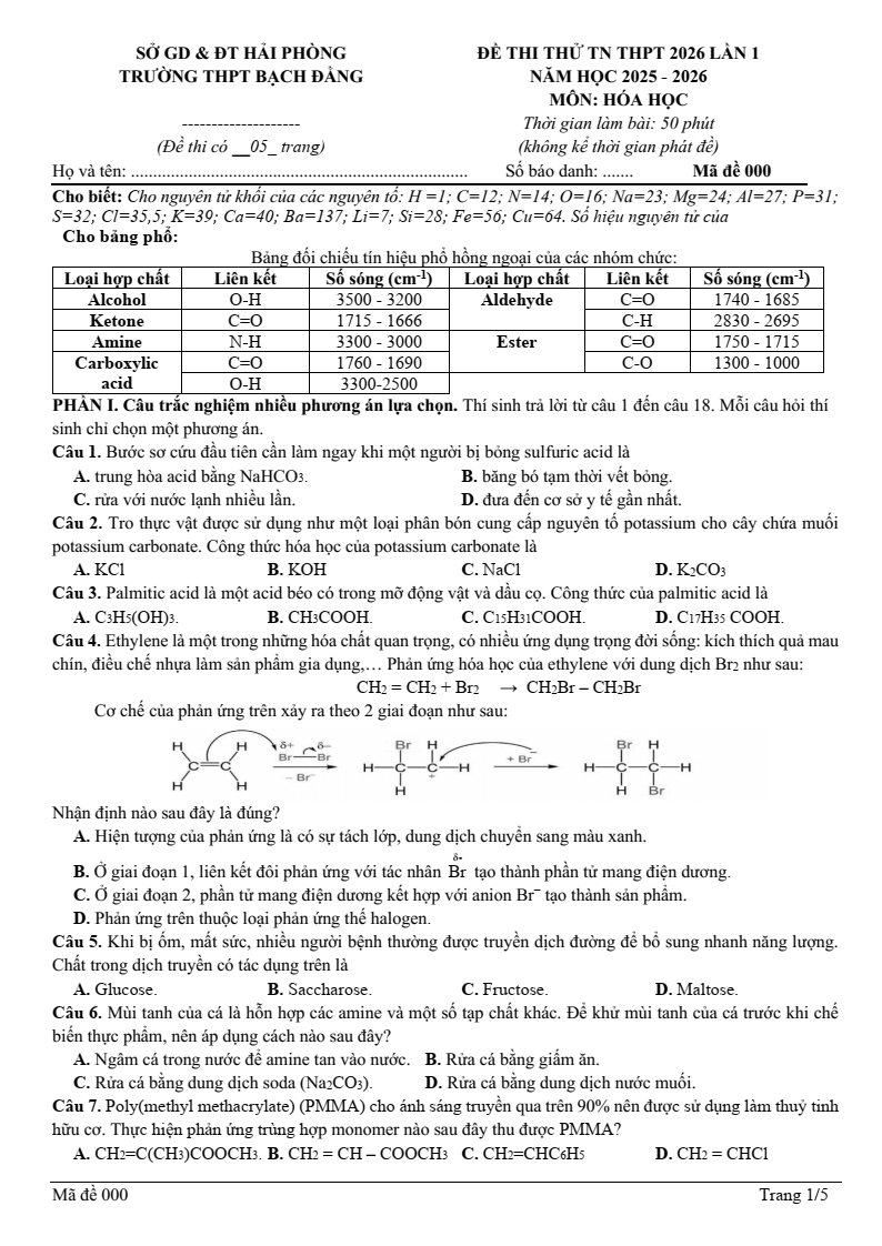 Đề thi thử Hóa Tốt nghiệp THPT 2025-2026 trường THPT Bạch Đằng (Hải Phòng)