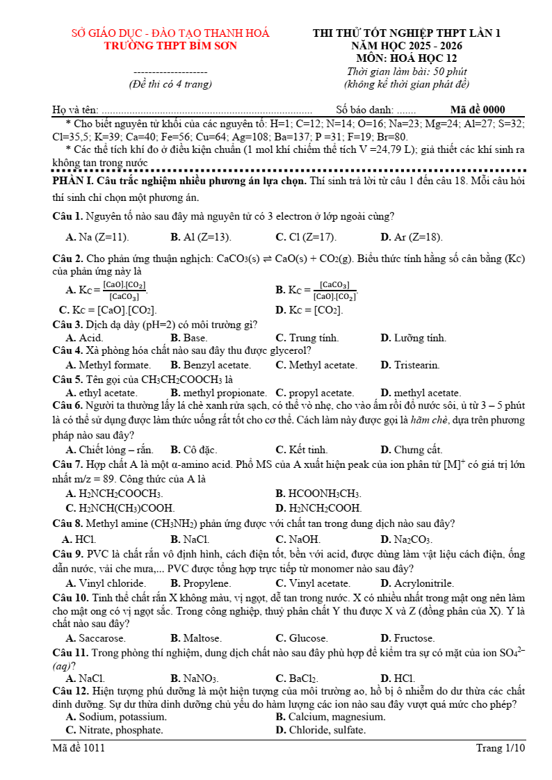 Đề thi thử Hóa Tốt nghiệp THPT 2025-2026 trường THPT Bỉm Sơn (Thanh Hóa)