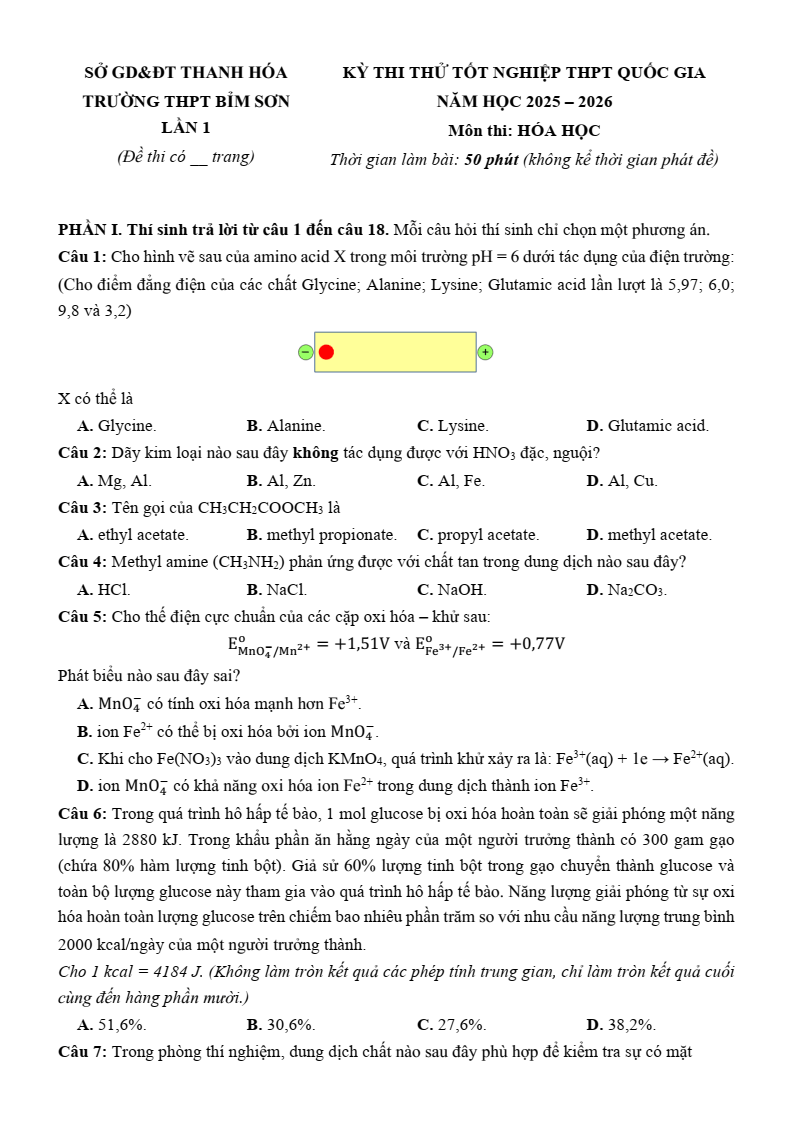Đề thi thử Hóa Tốt nghiệp THPT 2025-2026 trường THPT Bỉm Sơn (Thanh Hóa)