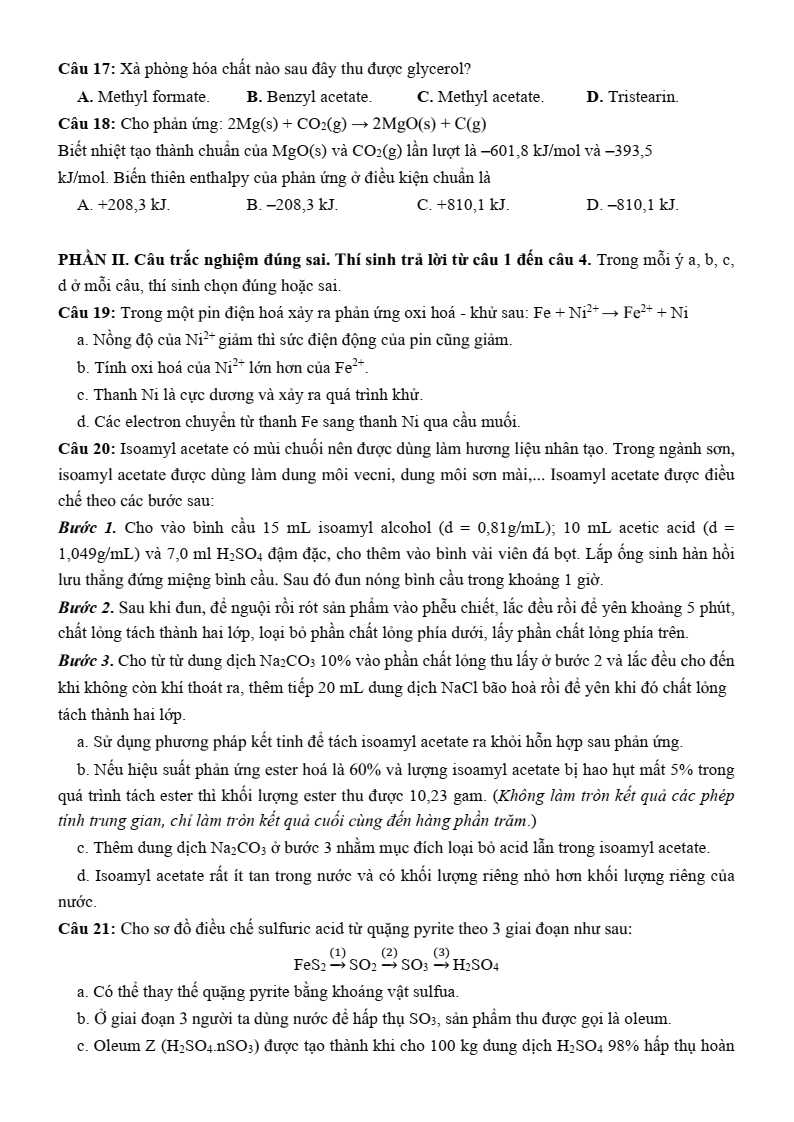 Đề thi thử Hóa Tốt nghiệp THPT 2025-2026 trường THPT Bỉm Sơn (Thanh Hóa)