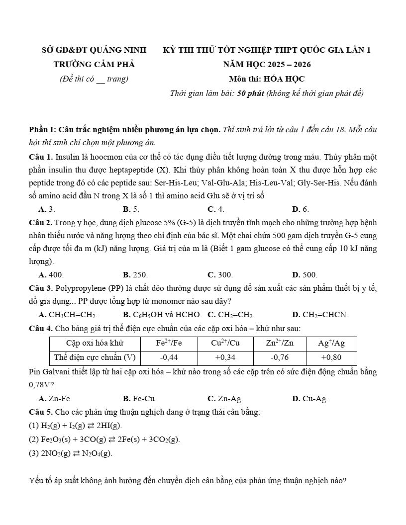 Đề thi thử Hóa Tốt nghiệp THPT 2025-2026 trường THPT Cẩm Phả (Quảng Ninh)